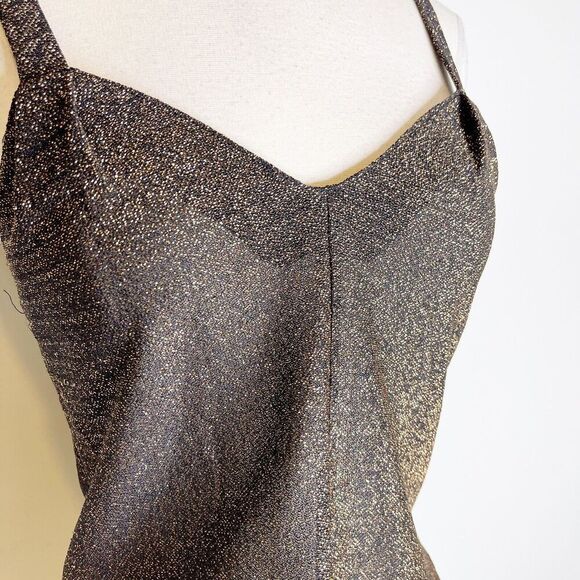 Vintage 80s XS/S Lurex Knit Tank Top Black Gold Strappy Crop Semi-Sheer Light - Picture 16 of 16